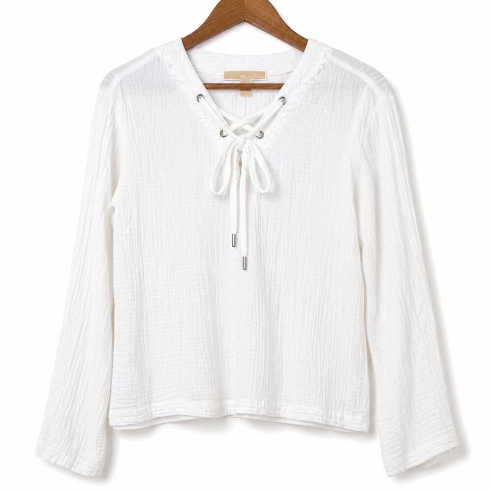 Cloth & Stone White Cotton Gauze Lace Up Top Long Sleeve Women's XS